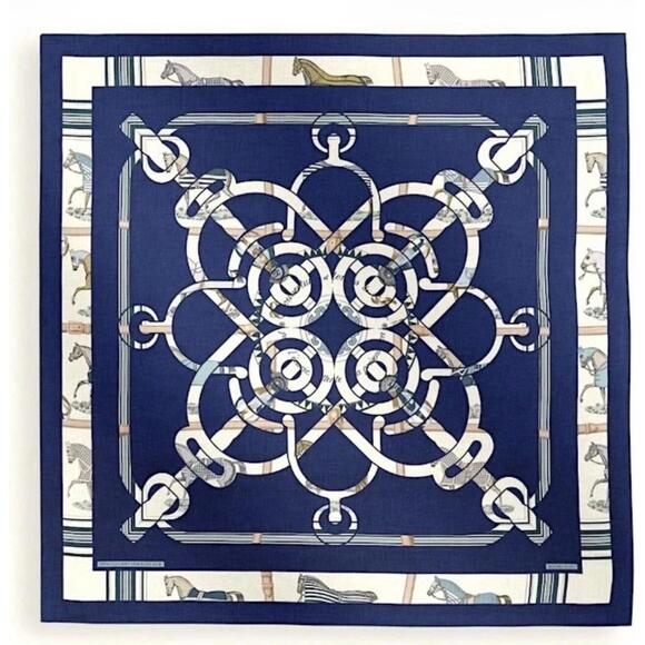 Hermes Shawl Scarf Eperon d'Or et Tenues de Jour Navy Cashmere Silk Auth New 140 - Picture 1 of 9